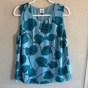 Cabi Blue Poppy Floral Sleeveless Blouse Sz M Botanical Casual Chic Officewear